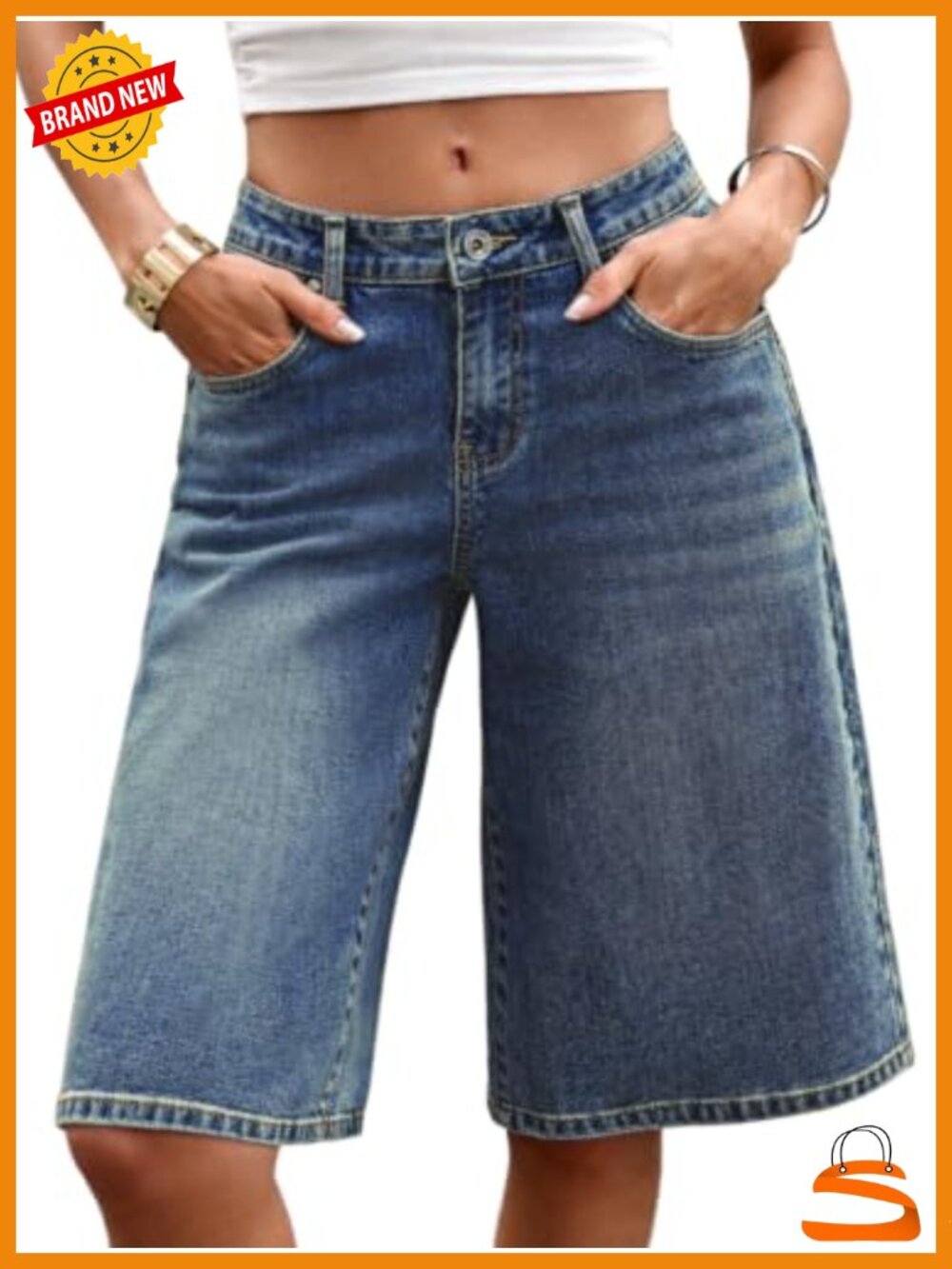 Low Rise Baggy Bermuda Denim Shorts Stretchy Knee Length Summer Streetwear